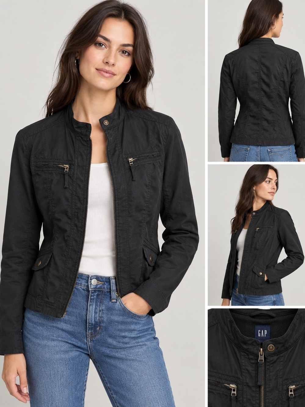 Vintage Y2K/GAP Black Cotton-Blend Utility Jacket with Zip Pockets